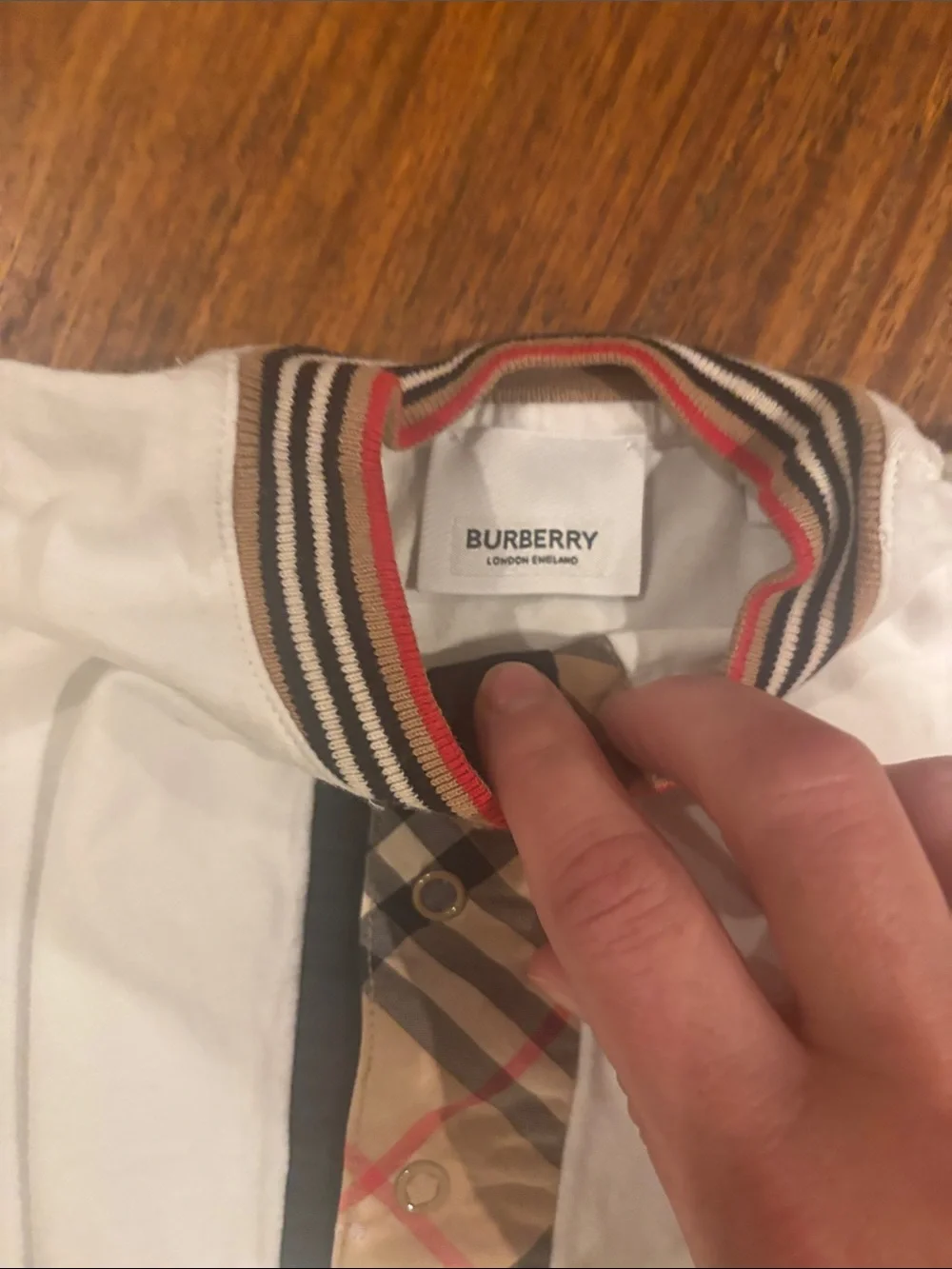 Burberry White Baby One-Piece with Signature Plaid Trim -Damaged